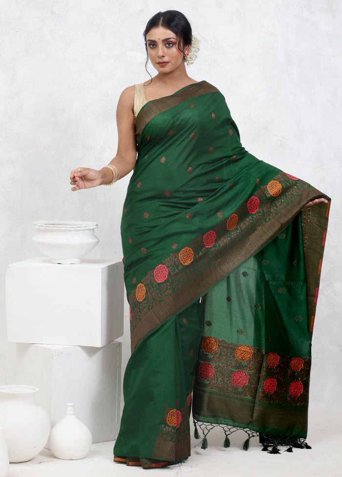 Green Dupion Silk Saree With Blouse Piece - Indian Silk House Agencies