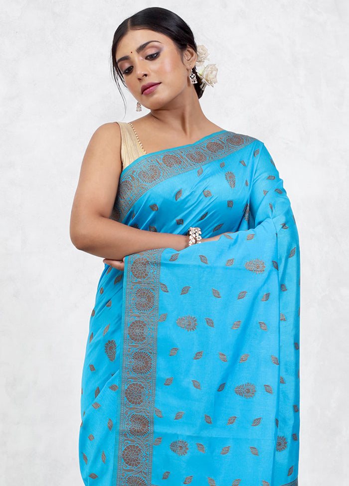 Blue Dupion Silk Saree Without Blouse Piece - Indian Silk House Agencies