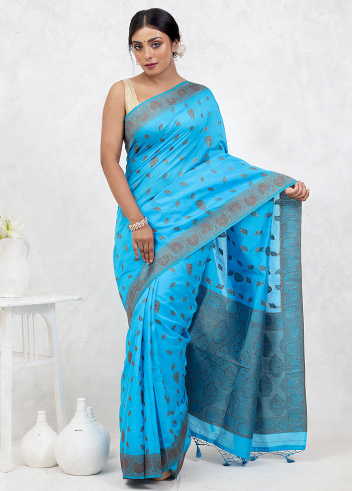 Blue Dupion Silk Saree Without Blouse Piece - Indian Silk House Agencies