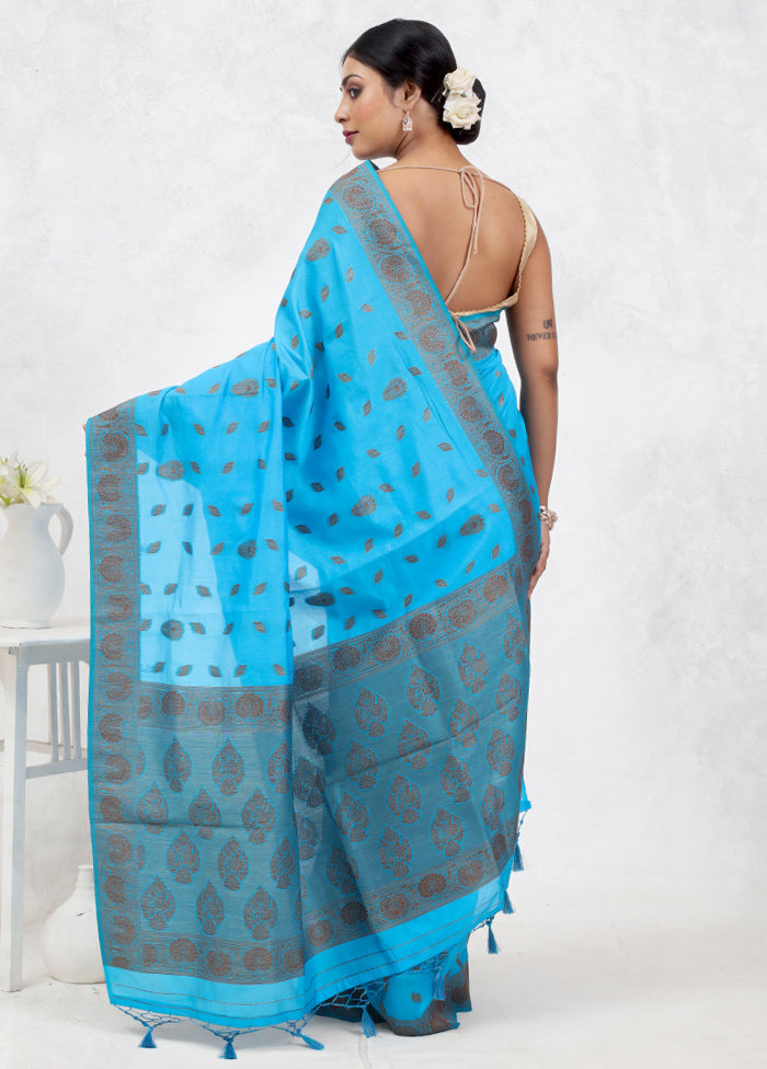 Blue Dupion Silk Saree Without Blouse Piece - Indian Silk House Agencies