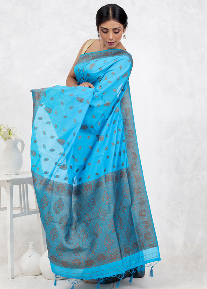 Blue Dupion Silk Saree Without Blouse Piece - Indian Silk House Agencies