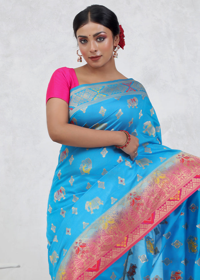 Blue Dupion Silk Saree Without Blouse Piece - Indian Silk House Agencies