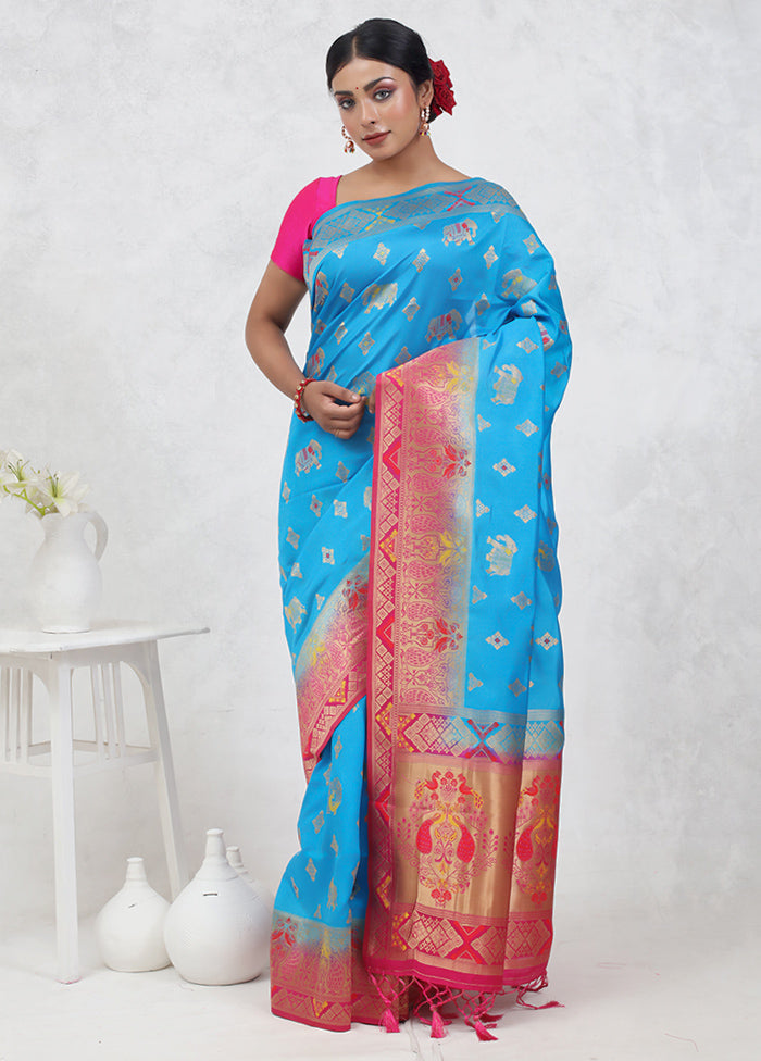 Blue Dupion Silk Saree Without Blouse Piece - Indian Silk House Agencies