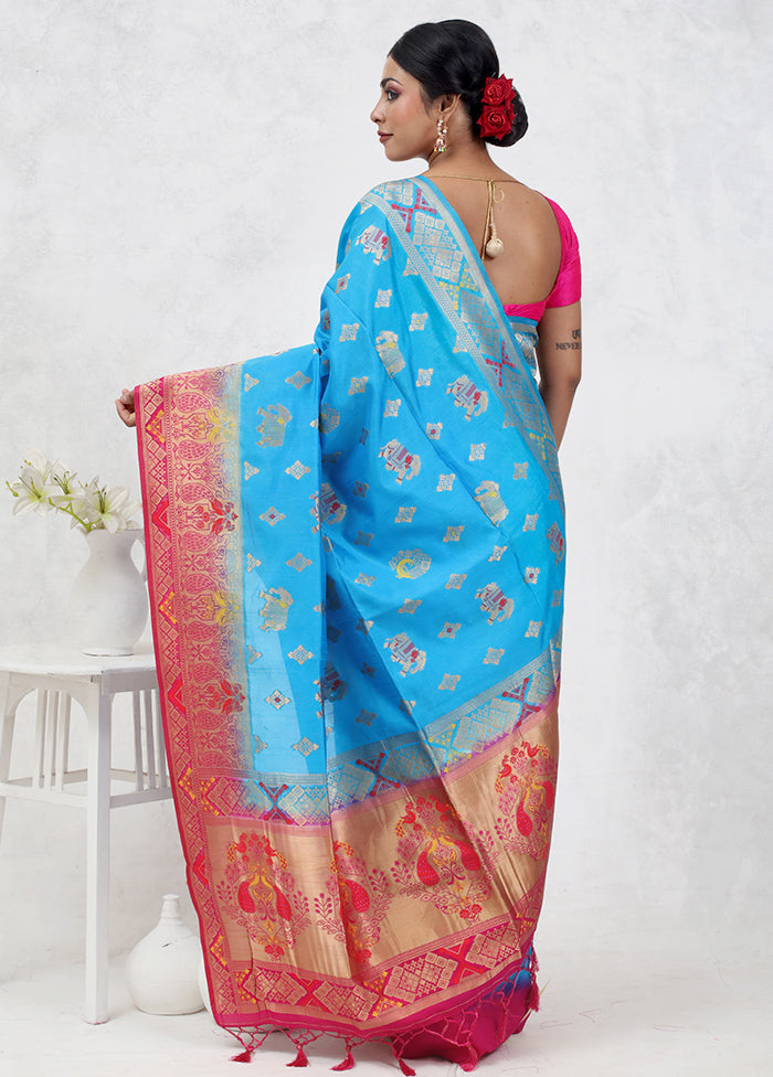 Blue Dupion Silk Saree Without Blouse Piece - Indian Silk House Agencies