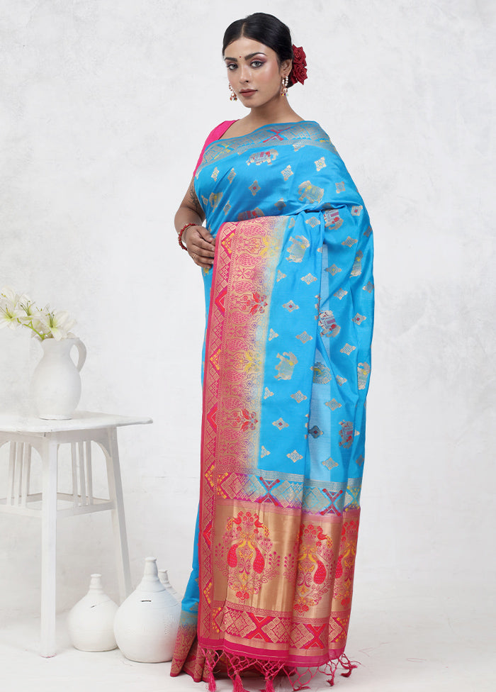 Blue Dupion Silk Saree Without Blouse Piece - Indian Silk House Agencies