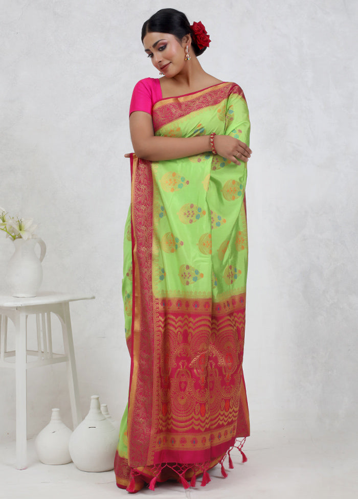 Green Dupion Silk Saree Without Blouse Piece - Indian Silk House Agencies