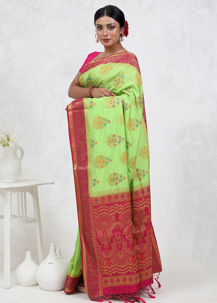 Green Dupion Silk Saree Without Blouse Piece - Indian Silk House Agencies