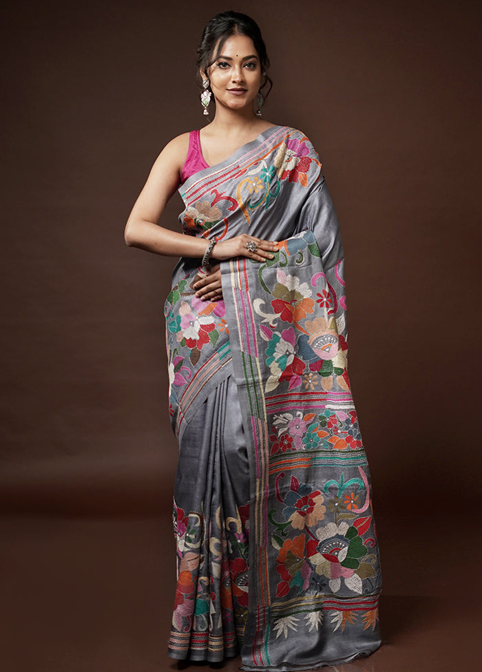 Grey Kantha Stitch Pure Silk Saree With Blouse Piece - Indian Silk House Agencies