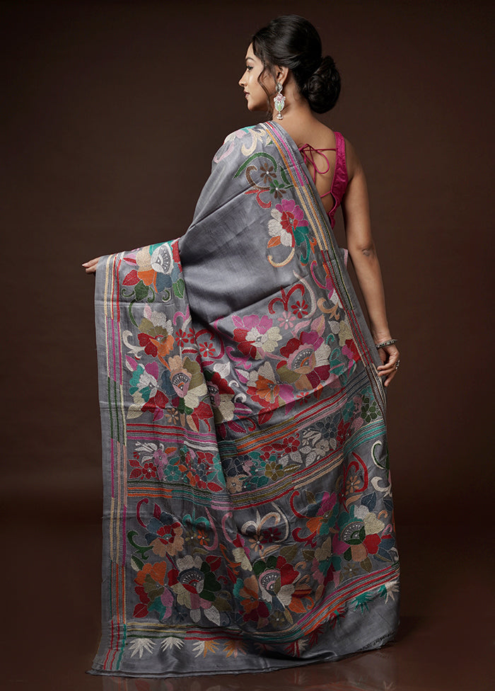 Grey Kantha Stitch Pure Silk Saree With Blouse Piece - Indian Silk House Agencies