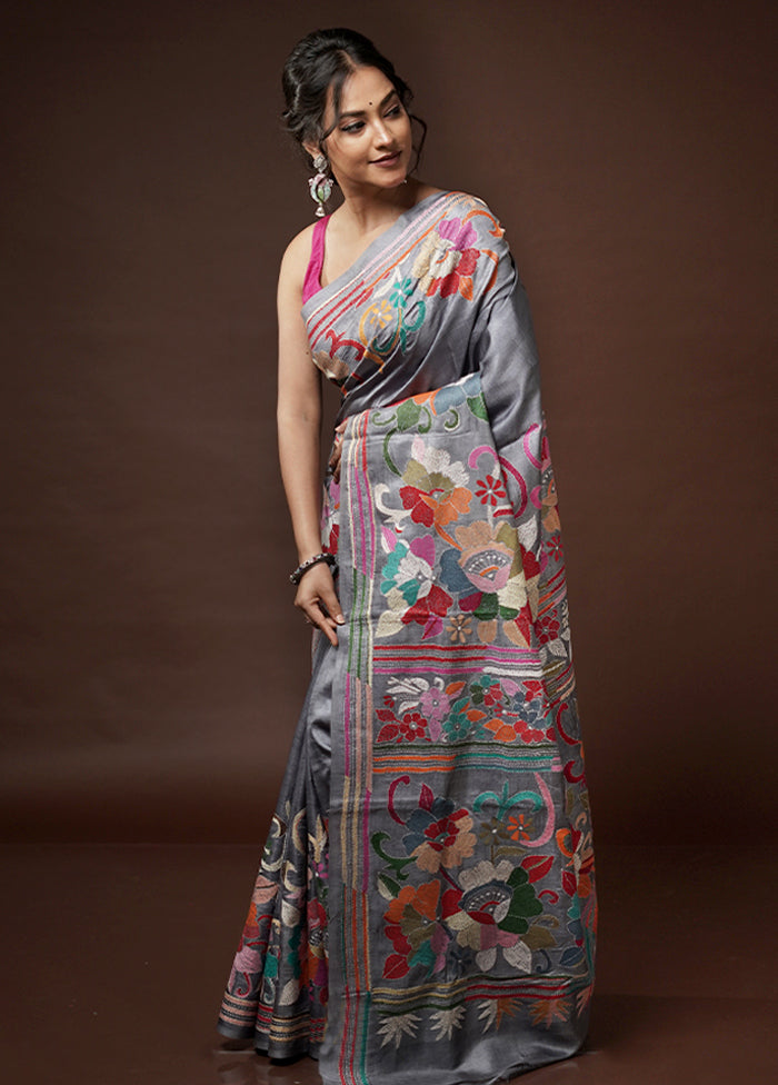 Grey Kantha Stitch Pure Silk Saree With Blouse Piece - Indian Silk House Agencies