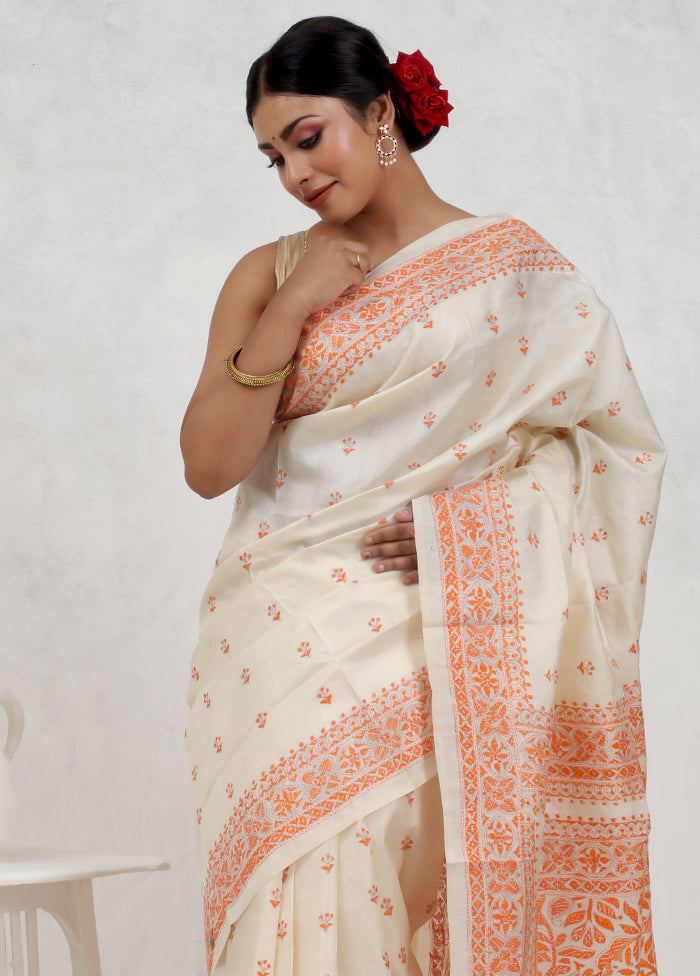 Cream Kantha Stitch Pure Silk Saree Without Blouse Piece - Indian Silk House Agencies