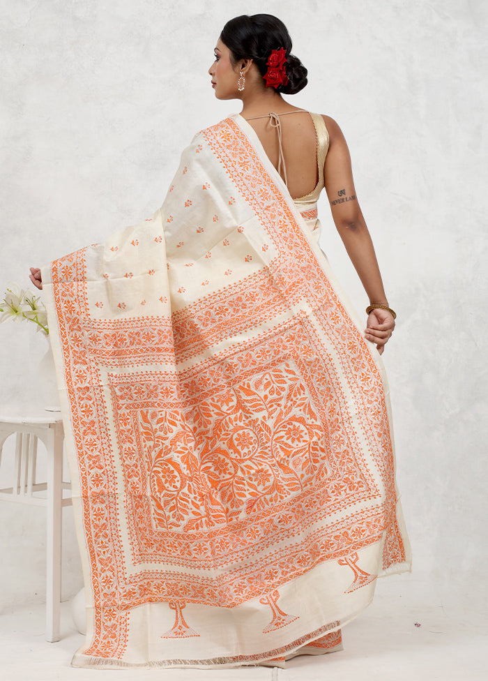 Cream Kantha Stitch Pure Silk Saree Without Blouse Piece - Indian Silk House Agencies