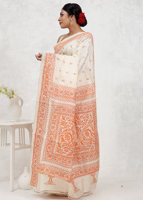 Cream Kantha Stitch Pure Silk Saree Without Blouse Piece - Indian Silk House Agencies