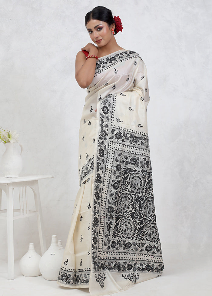 Cream Kantha Stitch Pure Silk Saree Without Blouse Piece - Indian Silk House Agencies