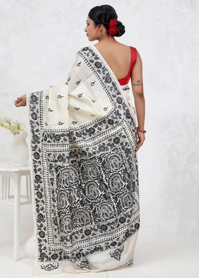 Cream Kantha Stitch Pure Silk Saree Without Blouse Piece - Indian Silk House Agencies