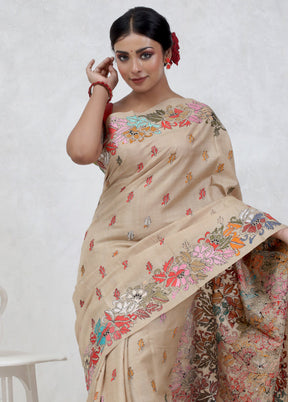 Cream Kantha Stitch Pure Silk Saree Without Blouse Piece - Indian Silk House Agencies