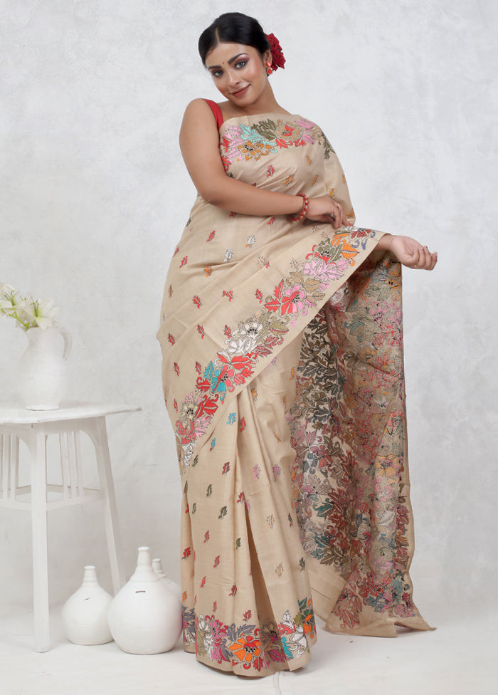 Cream Kantha Stitch Pure Silk Saree Without Blouse Piece - Indian Silk House Agencies