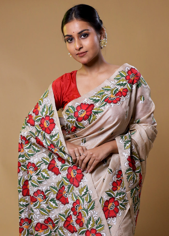 Cream Handloom Kantha Stitch Pure Silk Saree With Blouse Piece