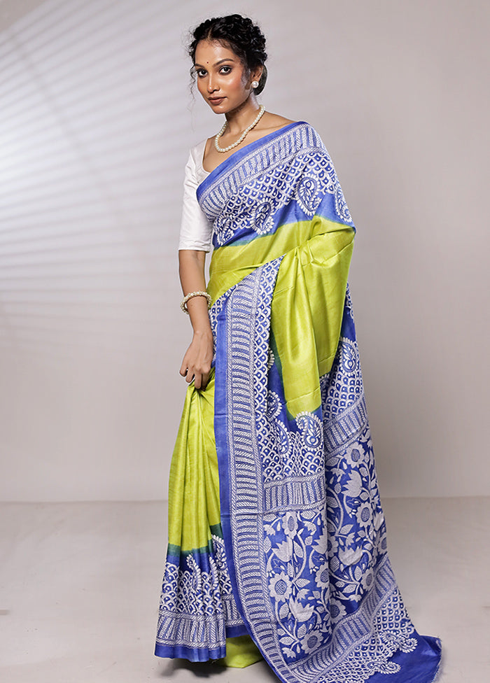 Green Kantha Stitch Pure Silk Saree With Blouse Piece