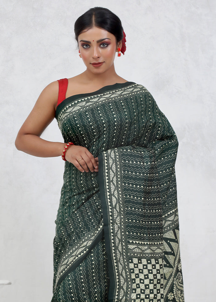 Green Kantha Stitch Pure Silk Saree Without Blouse Piece - Indian Silk House Agencies
