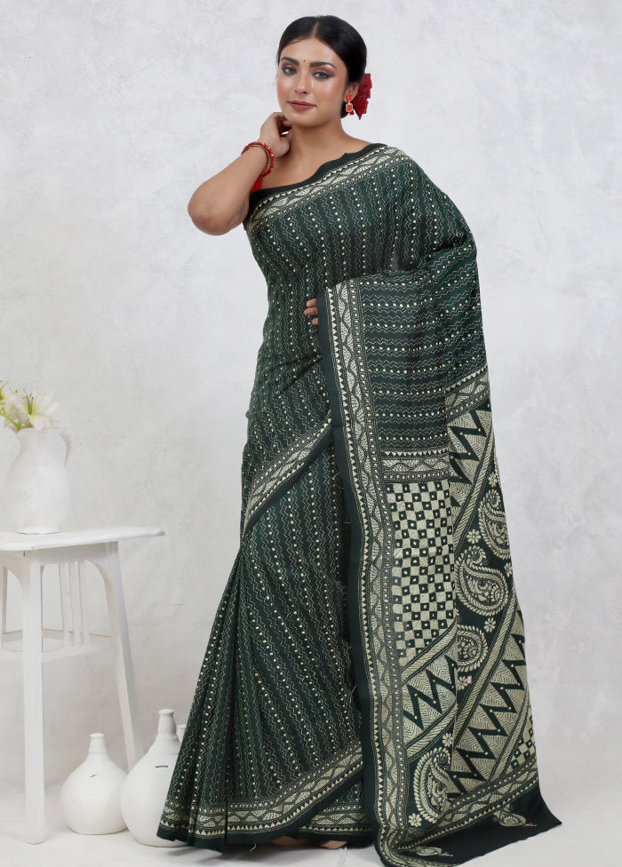 Green Kantha Stitch Pure Silk Saree Without Blouse Piece