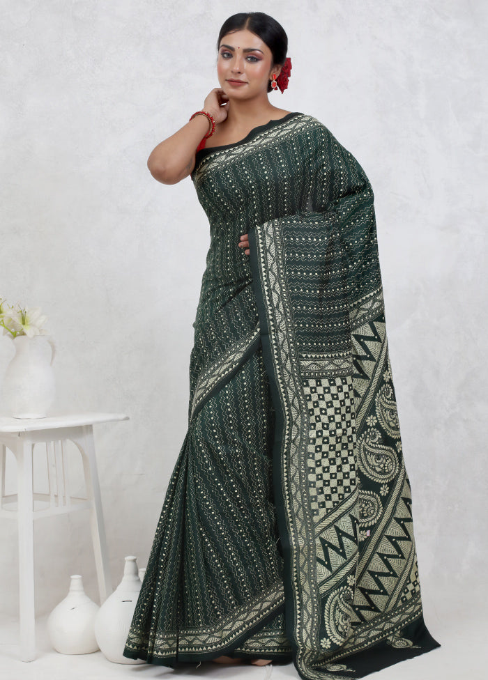 Green Kantha Stitch Pure Silk Saree Without Blouse Piece - Indian Silk House Agencies
