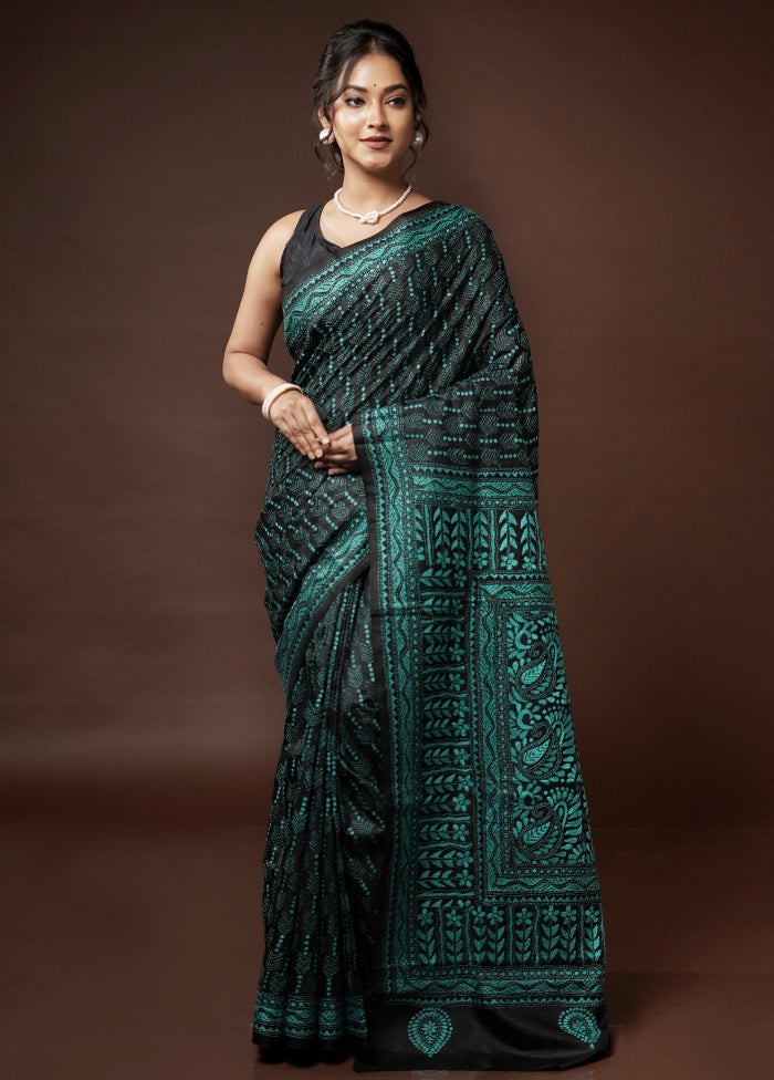 Black Kantha Stitch Pure Silk Saree With Blouse Piece - Indian Silk House Agencies