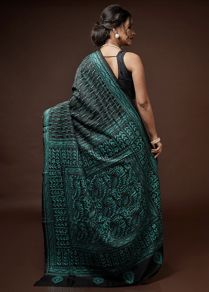 Black Kantha Stitch Pure Silk Saree With Blouse Piece - Indian Silk House Agencies