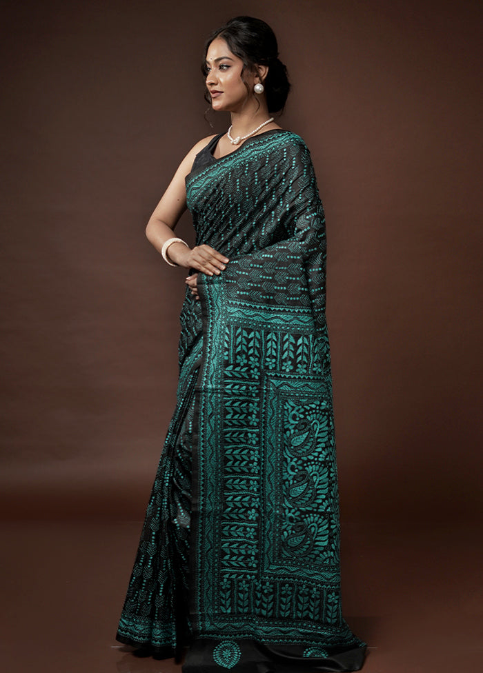 Black Kantha Stitch Pure Silk Saree With Blouse Piece - Indian Silk House Agencies