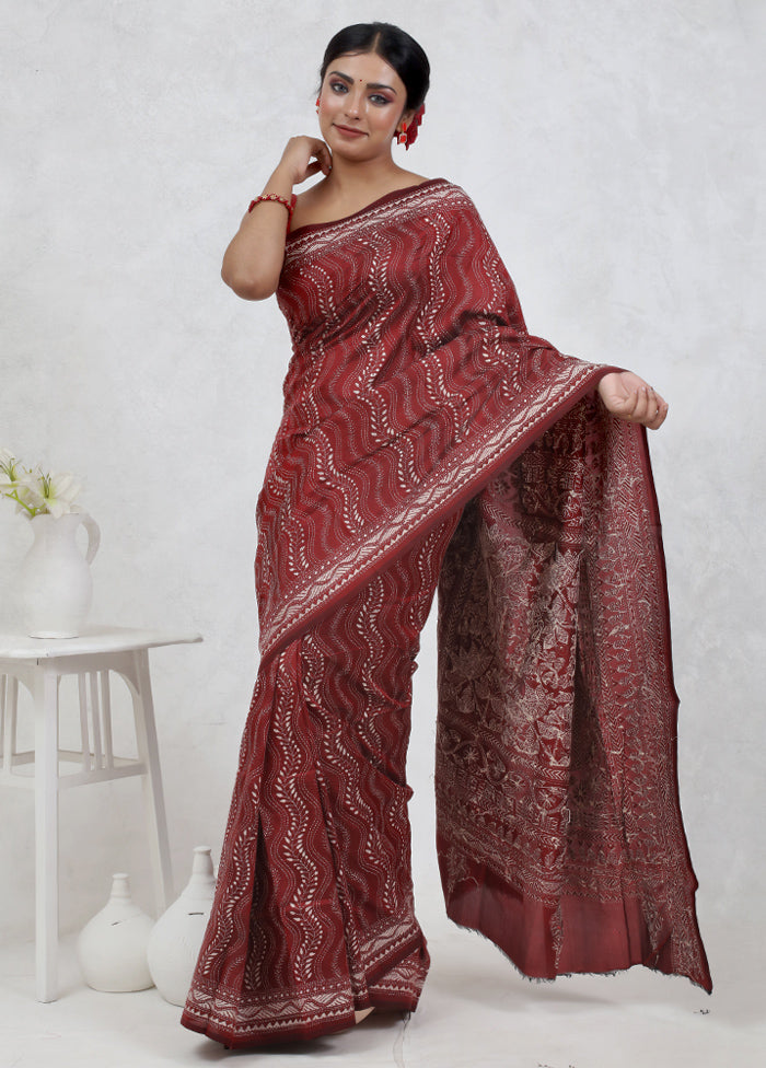 Pink Kantha Stitch Pure Silk Saree Without Blouse Piece