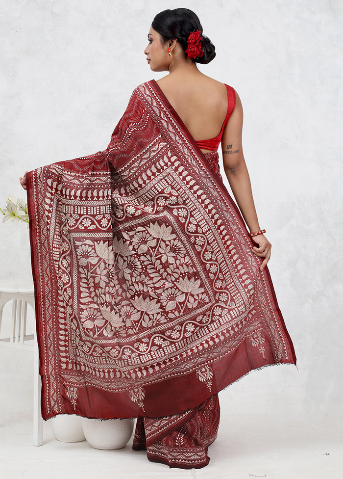 Pink Kantha Stitch Pure Silk Saree Without Blouse Piece - Indian Silk House Agencies