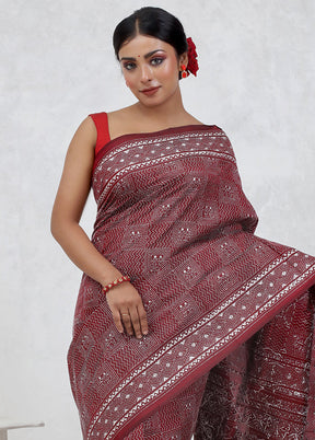 Pink Kantha Stitch Pure Silk Saree Without Blouse Piece - Indian Silk House Agencies