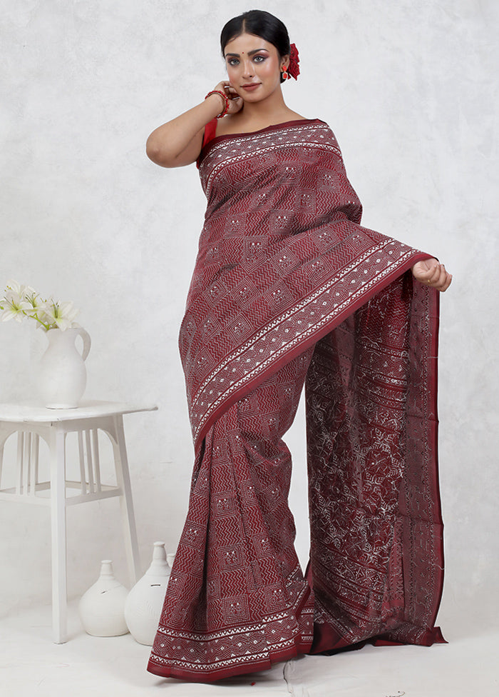 Pink Kantha Stitch Pure Silk Saree Without Blouse Piece