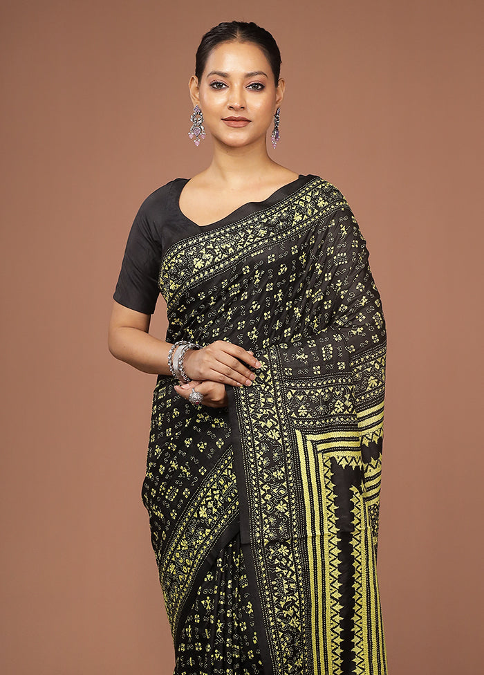 Black Handloom Kantha Stitch Pure Silk Saree With Blouse Piece