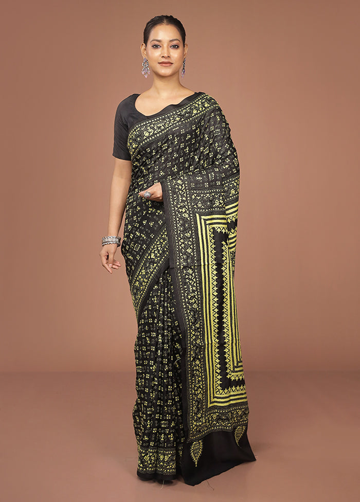 Black Handloom Kantha Stitch Pure Silk Saree With Blouse Piece