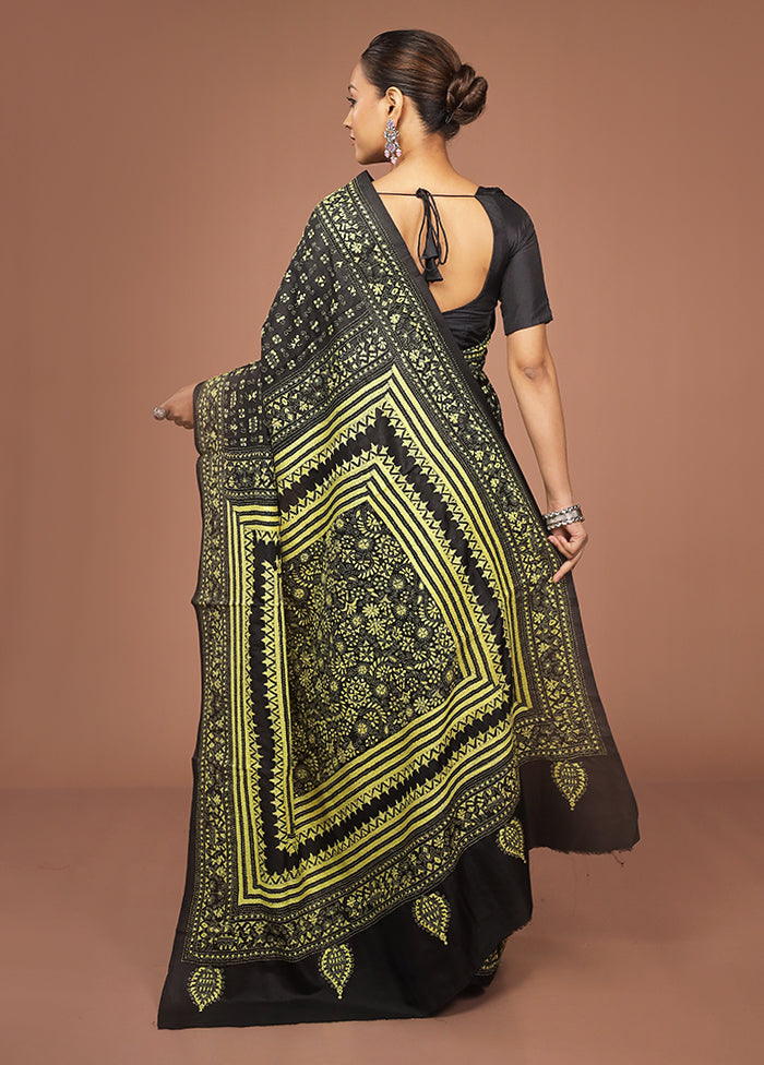 Black Handloom Kantha Stitch Pure Silk Saree With Blouse Piece