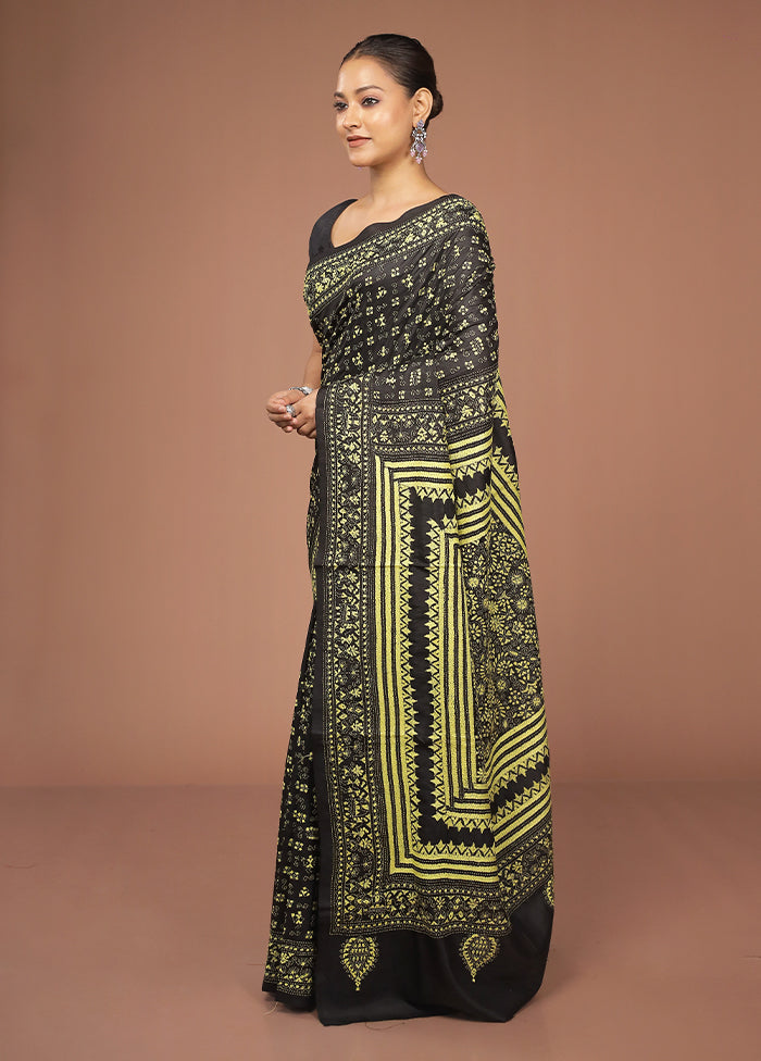 Black Handloom Kantha Stitch Pure Silk Saree With Blouse Piece