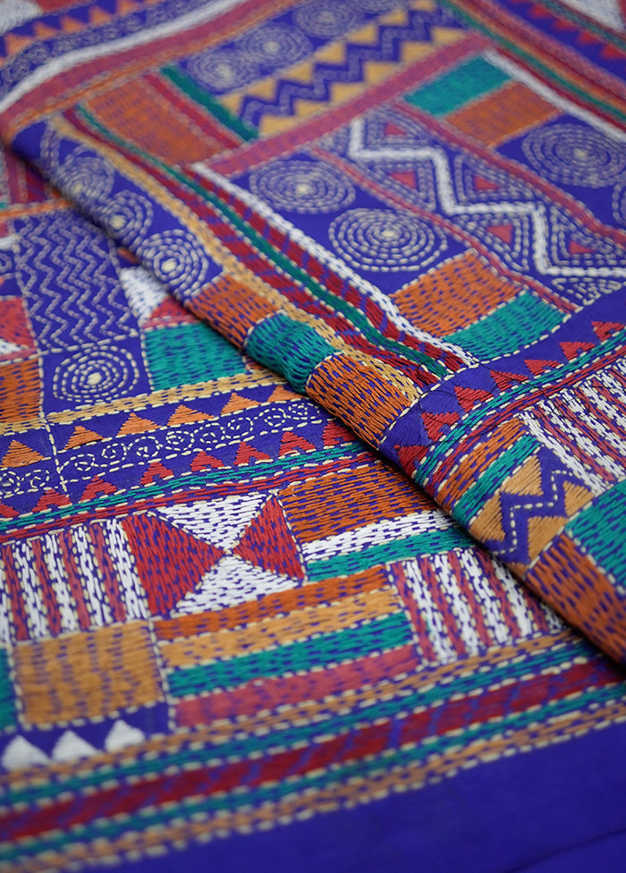 Blue Kantha Stitch Pure Silk Saree With Blouse Piece - Indian Silk House Agencies