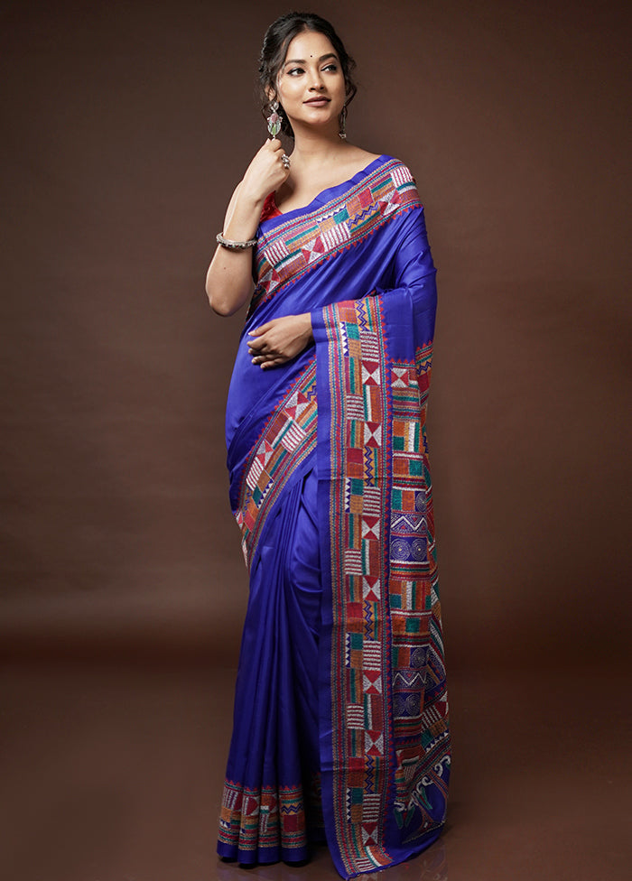 Blue Kantha Stitch Pure Silk Saree With Blouse Piece - Indian Silk House Agencies