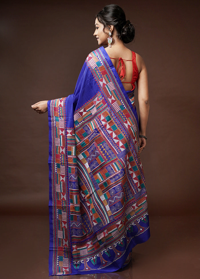 Blue Kantha Stitch Pure Silk Saree With Blouse Piece - Indian Silk House Agencies