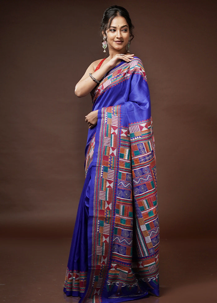 Blue Kantha Stitch Pure Silk Saree With Blouse Piece - Indian Silk House Agencies