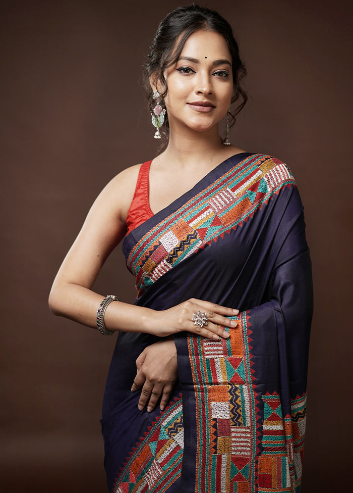 Black Kantha Stitch Pure Silk Saree With Blouse Piece - Indian Silk House Agencies