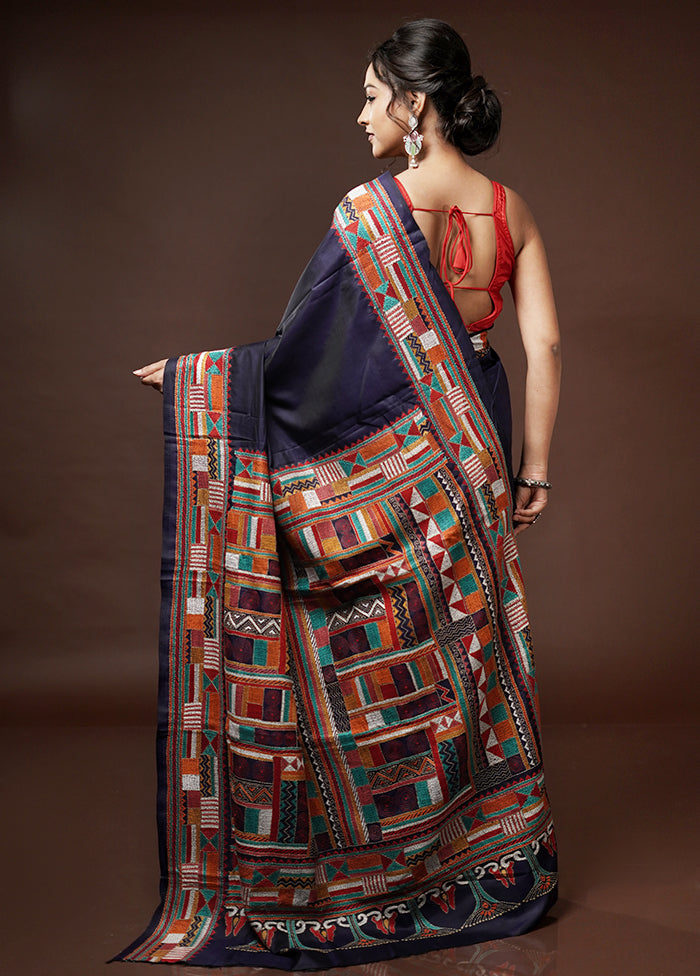 Black Kantha Stitch Pure Silk Saree With Blouse Piece - Indian Silk House Agencies