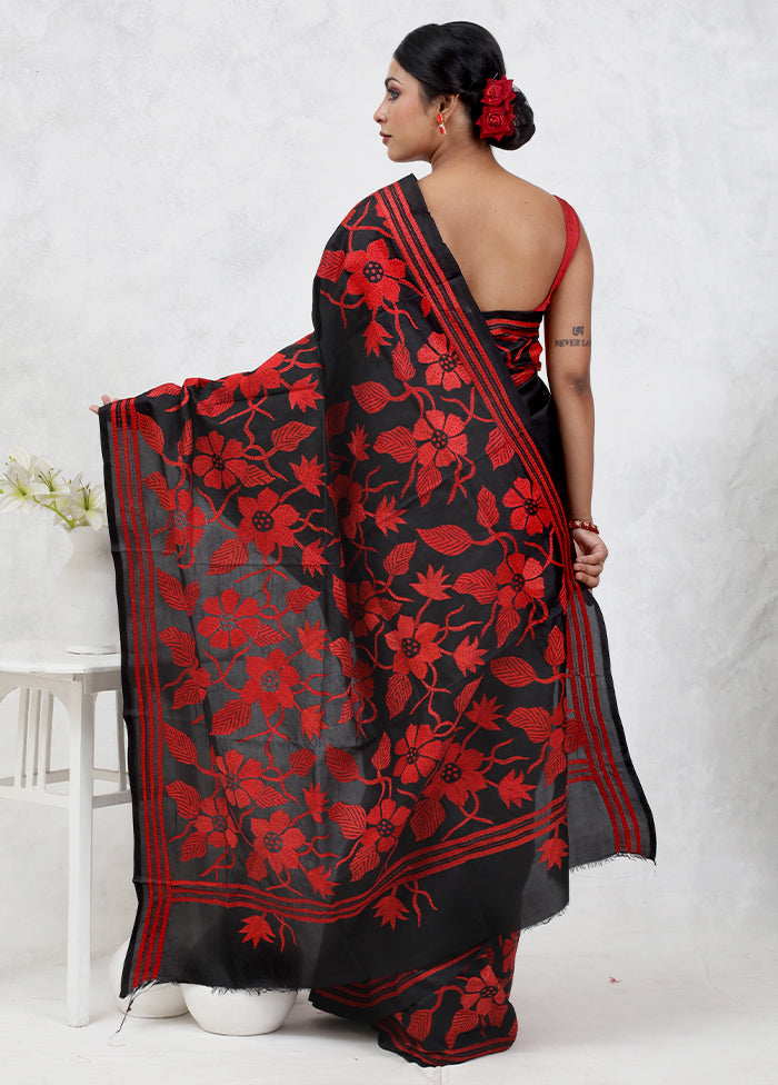 Black Kantha Stitch Pure Silk Saree Without Blouse Piece - Indian Silk House Agencies