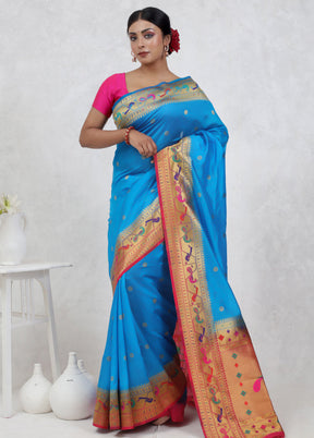 Blue Dupion Silk Saree Without Blouse Piece - Indian Silk House Agencies