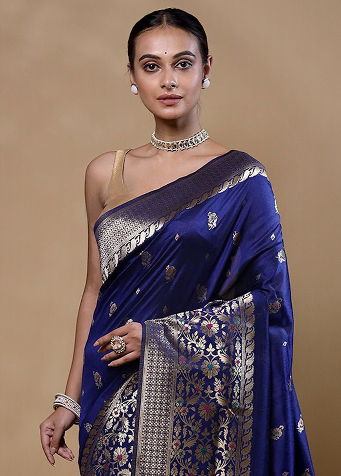 Blue Dupion Silk Saree With Blouse Piece