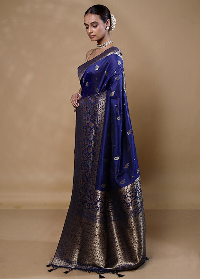 Blue Dupion Silk Saree With Blouse Piece