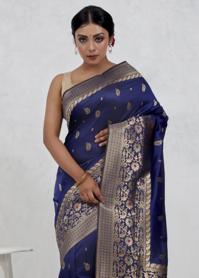 Blue Dupion Silk Saree Without Blouse Piece - Indian Silk House Agencies