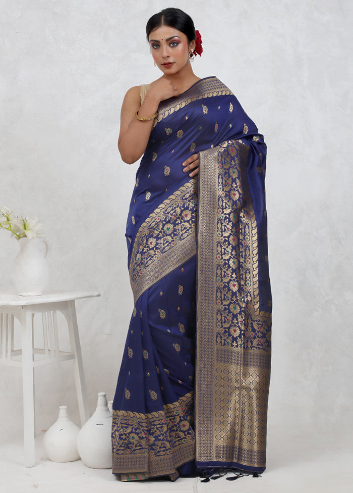 Blue Dupion Silk Saree Without Blouse Piece - Indian Silk House Agencies