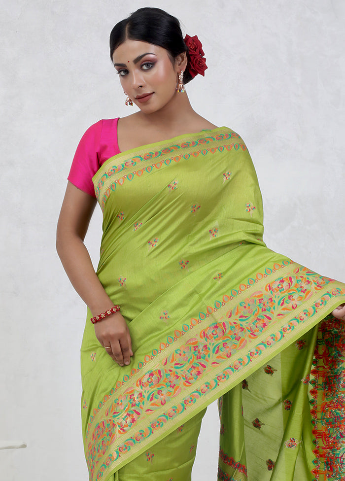 Green Dupion Silk Saree Without Blouse Piece - Indian Silk House Agencies